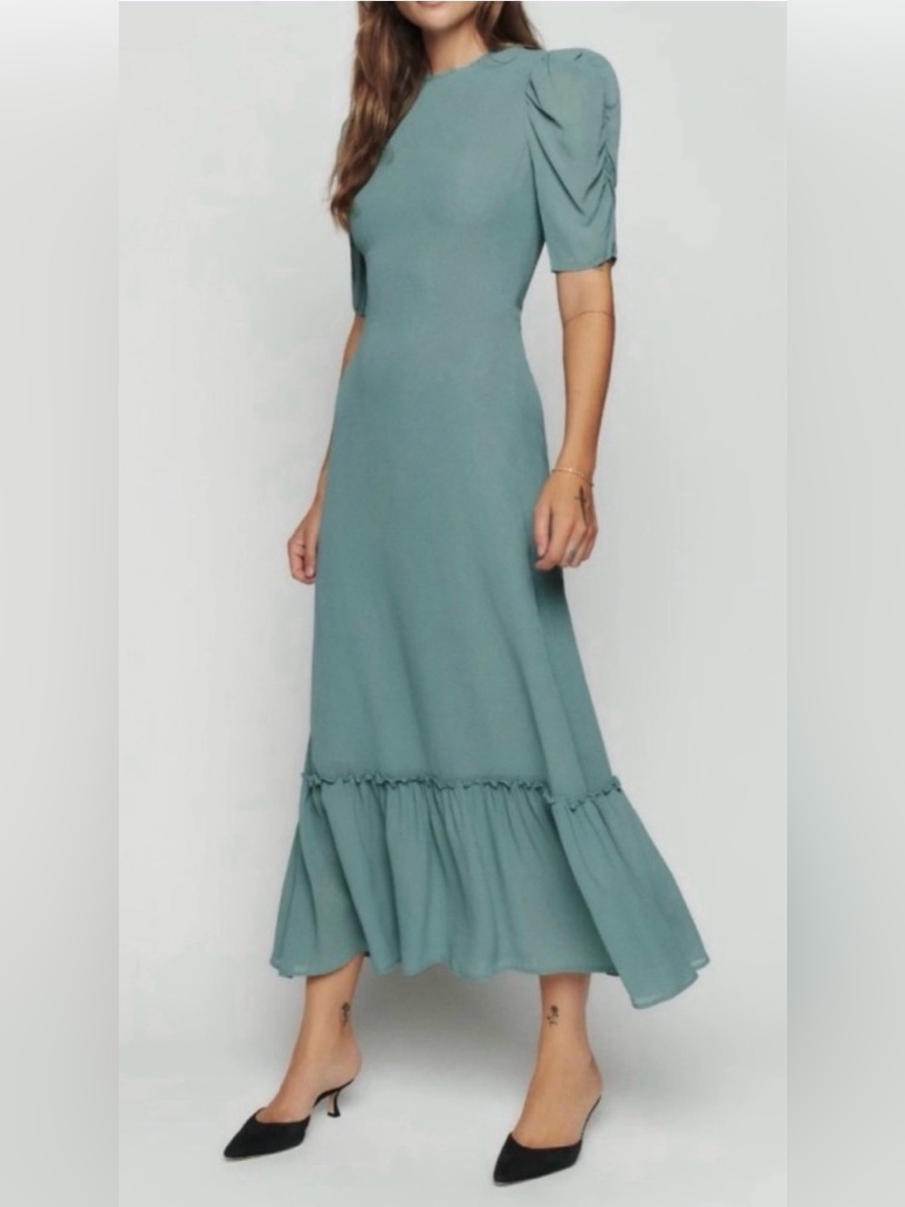 REFORMATION Sz 2 Addaline Vertigris Sage Green Maxi Dress Orig $300 Exc Cong